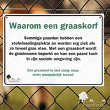 Informatiebord beschrijft waarom een paard een graaskorf draagt, bevestigd aan weide afrastering.