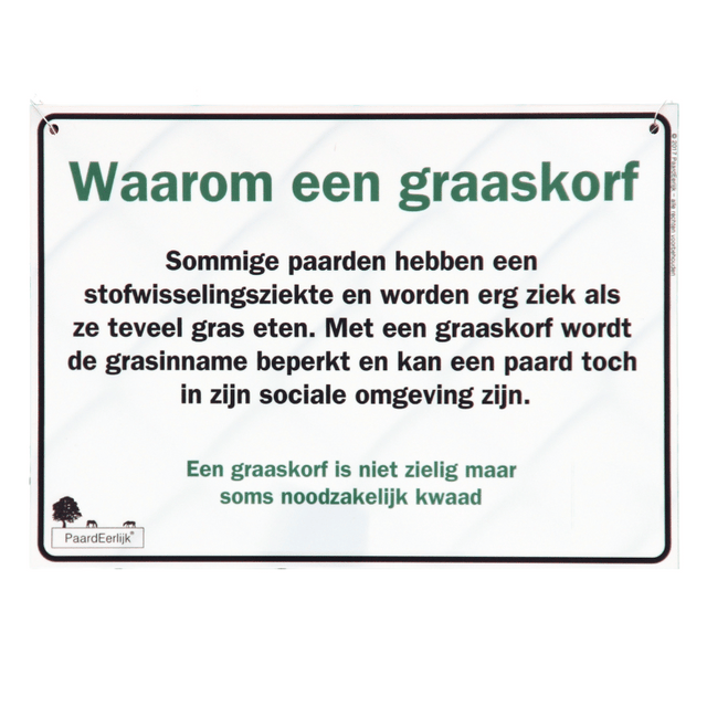 Weidbord beschrijft waarom een paard een graaskorf draagt.