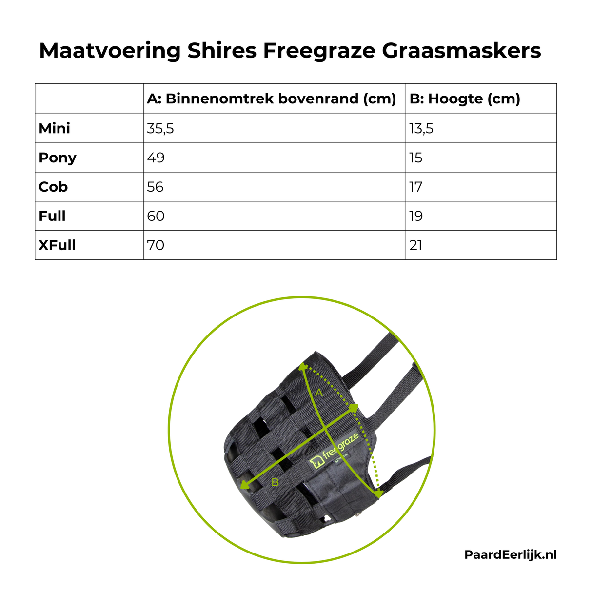 Tabel met afmetingen per maat Shires Freegraze graasmasker